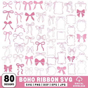May include: A collection of 80 pink and white boho ribbon designs in SVG, PNG, DXF, EPS, and JPG formats. The image features various bow styles and decorative frames, perfect for digital design projects. The text "BOHO RIBBON SVG" is displayed.