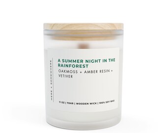 A Summer Night in the Rainforest Soy Candle - Oakmoss Amber Vetiver Scent, Earthy Wooden Wick Candle, Relaxing Gift for Home, Spa, Self-Care