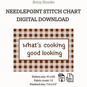 May include: Digital needlepoint stitch chart by Betsy Brooke. The design features the text "what's cooking good looking" in a pixelated font, set against a brown and white checkered background. Finished size is 17.8 x 12.7 cm.