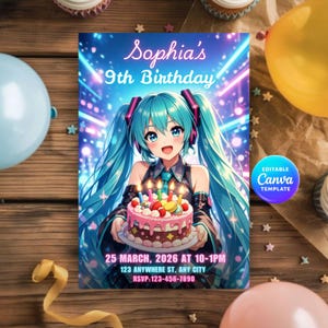 Hatsune Miku Birthday Invitation | Pink Anime Party, Canva Editable (Digital Download)