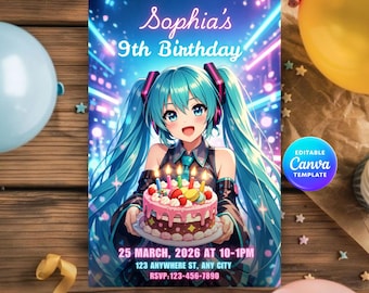 Hatsune Miku Birthday Invitation | Pink Anime Party, Canva Editable (Digital Download)