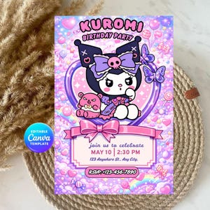 May include: A colorful invitation for a "Kuromi Birthday Party" featuring a cartoon character with a purple bow and a teddy bear. The invitation includes the text "join us to celebrate MAY 10 2:30 PM" and an RSVP phone number.