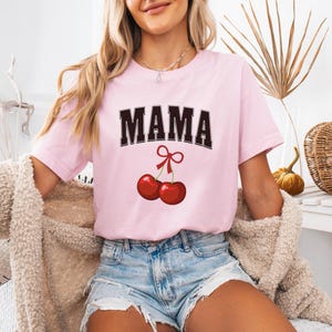 Mama Cherry Graphic Tee, Pink Cherry T-Shirt for Moms, Perfect Gift for Mother&#39;s Day, Birthday, Casual Everyday Wear, Family Gatherings