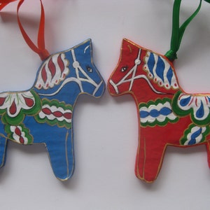 SWEDISH DALA HORSE ornament ,Scandinavian, Double sided, Original design, Handcrafted Paper Mache, Please choose Blue or Red!'