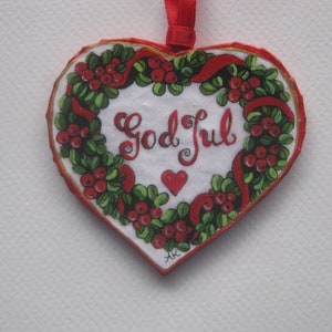 Swedish God Jul Heart with Lingonberries  ,Handcrafted Papier -Mache&#39;
