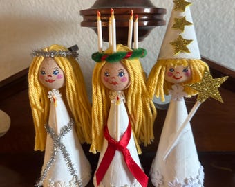 Swedish Lucia Celebration , Set of three ;Lucia. Maiden and Starboy, Papier Mache standing figurines