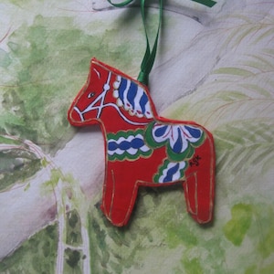 SWEDISH DALA HORSE ornament ,Scandinavian, Double sided, Original design, Handcrafted Paper Mache, Please choose Blue or Red!&#39;