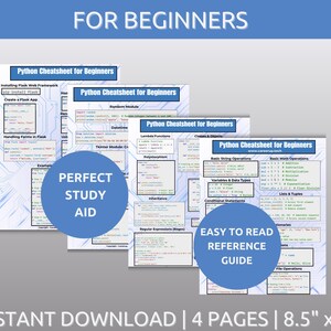 May include: Four pages of a Python Cheatsheet for Beginners, with a blue background and white text. The pages are titled "Python Cheatsheet for Beginners" and cover topics such as installing Flask, creating a Flask app, handling forms in Flask, random modules, lambda functions, classes and objects, basic string operations, basic math operations, variables and data types, conditional statements, lists and tuples, dictionaries, and file operations.