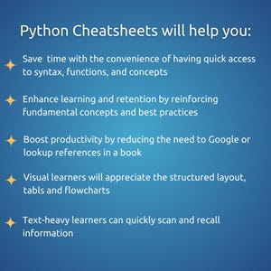 May include: A blue presentation slide with yellow bullet points outlining the advantages of using Python cheat sheets. The text on the slide reads "Python Cheatsheets will help you:" followed by five bullet points: "Save time with the convenience of having quick access to syntax, functions, and concepts", "Enhance learning and retention by reinforcing fundamental concepts and best practices", "Boost productivity by reducing the need to Google or lookup references in a book", "Visual learners will appreciate the structured layout, tables and flowcharts", and "Text-heavy learners can quickly scan and recall information".