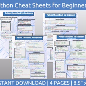 May include: Four printable Python cheat sheets for beginners, each with a different coloured background and a title in bold font. The cheat sheets cover topics such as installing Flask, handling routes, rendering HTML templates, handling forms, using JSON responses, lambda functions, classes and objects, polymorphism, inheritance, regular expressions, sys module, JSON module, random module, datetime module, tkinter module, basic string operations, basic math operations, variables and data types, lists and tuples, dictionaries, for and while loops, exception handling, and file operations.