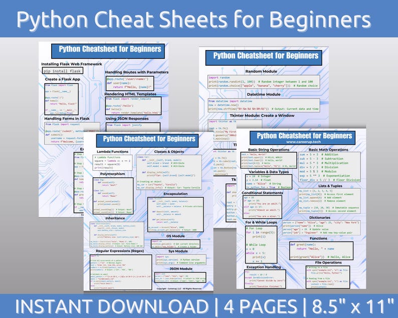 May include: Four printable Python cheat sheets for beginners, each with a different coloured background and a title in bold font. The cheat sheets cover topics such as installing Flask, handling routes, rendering HTML templates, handling forms, using JSON responses, lambda functions, classes and objects, polymorphism, inheritance, regular expressions, sys module, JSON module, random module, datetime module, tkinter module, basic string operations, basic math operations, variables and data types, lists and tuples, dictionaries, for and while loops, exception handling, and file operations.