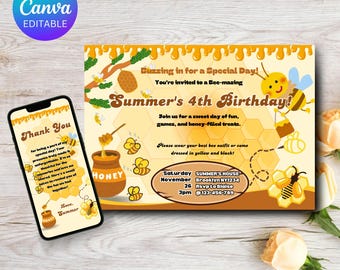 Bee Birthday Invitation: Editable Bumblebee Party (Digital Download)