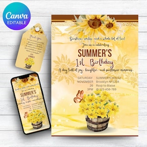 Sunflower Theme Birthday Invitation Editable flower birthday Digital Template boho flower floral girl birthday party autumn party invite