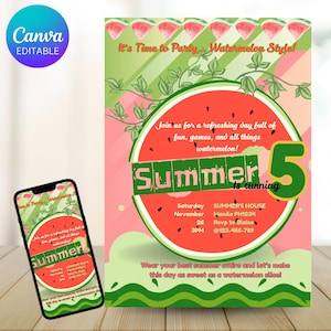 Watermelon Birthday Invitation Party Editable fruit theme Birthday invite sweet summer party Digital Download red girl watermelon invite