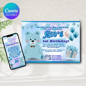 Bear Birthday Invitation Bear Party Invite Editable Bear Day m Cute boy blue bear theme Birthday Card Digital Download teddy bear invite