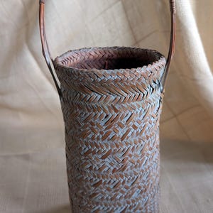 Mid 20th Century Japanese Ikebana bamboo woven flower basket  vase vintage