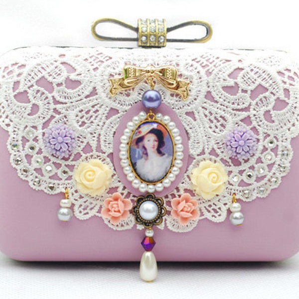 Leather Lace Box Clutch Violet Purple Wedding Purse Brides Bridemaids Prom Retro Vintage Victorian Princess Bag White Minaudiere