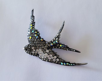 Vintage AB Crystal Swallow Bird Brooch / Pendant Marked JANUS 276 Black Aurora Borealis Rhinestones Silvertone Bird Pin