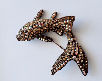 Vintage AB Noblesse Koi Fish Brooch Aurora Borealis Swarovski Crystal Rhinestone Pin Root Beer Amber Copper