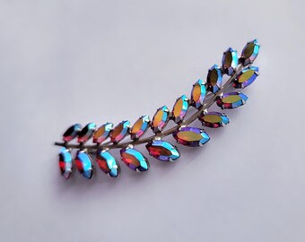 B David RED AB Leaf Brooch Vintage Silver Pin Aurora Borealis Iridescent Blue Purple