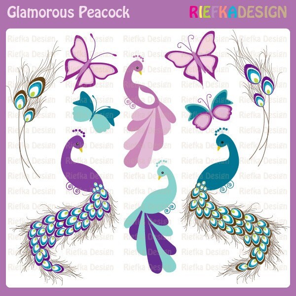 Glamorous Peacock Clipart Set, Personal and Commercial Use - Scrapbooking, card design, web design