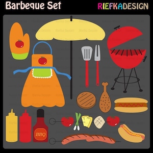 May include: A digital illustration set titled Barbeque Set by Riefka Design featuring a yellow umbrella, orange apron, oven mitt, red grill, spatula, fork, condiments, and food items including a hot dog, burger patty, chicken leg, and skewers.