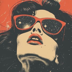 May include: A woman with dark hair and red lipstick wears red sunglasses with a galaxy pattern. The background is a red and white splatter pattern.