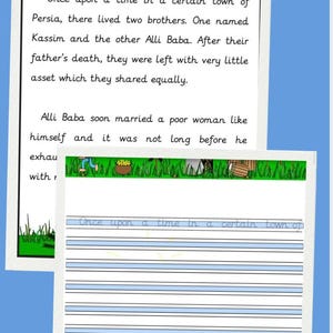 Libro electrónico de práctica de lectura y escritura para niños, libro imprimible de práctica con la historia de Ali Baba y los cuarenta ladrones, aprenda caligrafía, cursiva y trazado de letras