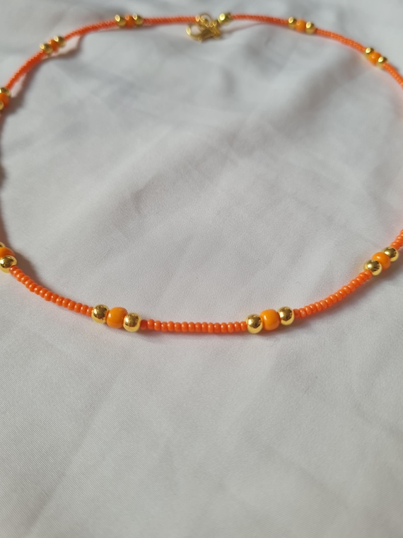 orange beaded necklace, minimal necklace, handmade beaded necklace, orange necklace, orange chocker, beaded chocker, gift necklace