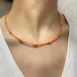 orange beaded necklace, minimal necklace, handmade beaded necklace, orange necklace, orange chocker, beaded chocker, gift necklace