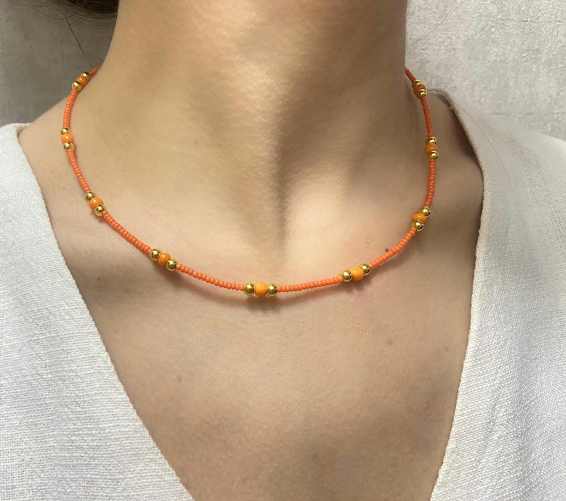 orange beaded necklace, minimal necklace, handmade beaded necklace, orange necklace, orange chocker, beaded chocker, gift necklace