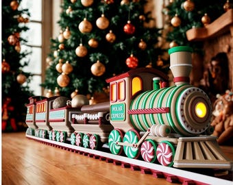 May include: A toy train set featuring a locomotive and two passenger cars with a tan, green, and red color scheme. The locomotive has a sign that reads Polar Express, a glowing yellow headlight, and wheels decorated with red and white swirls.