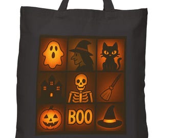 May include: Black tote bag with a Halloween design. The design features a ghost, witch, black cat, haunted house, skeleton, broom, pumpkin, hat, and the word "BOO". The illustrations are in orange and white.