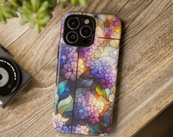 May include: A phone case with a stained glass design featuring purple, pink, and blue flowers. The case has a camera cutout with three lenses.