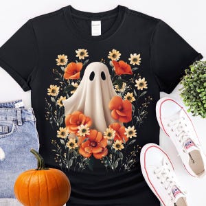 Ghost Floral T-shirt, Halloween Flower Tee, Spooky Ghost Shirt, Aesthetic Floral Ghost Top, Flower Pattern Shirt