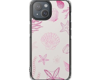 May include: A clear phone case with a pink and white seashell and starfish design.
