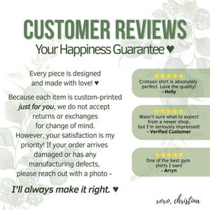 May include: A graphic with customer reviews and text that reads "CUSTOMER REVIEWS Your Happiness Guarantee". The reviews are in green speech bubbles and include phrases like "Crimson shirt is absolutely perfect".