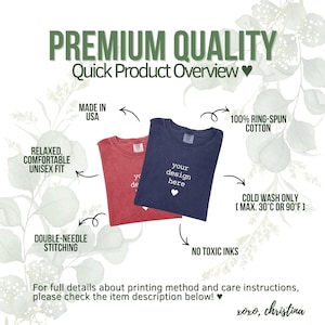May include: Two t-shirts, one red and one navy blue, are displayed. The navy shirt has the text "your design here" with a heart. The image highlights features like "100% ring-spun cotton" and "double-needle stitching."
