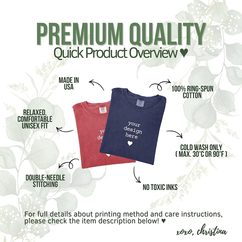 May include: Two t-shirts, one red and one navy blue, are displayed. The navy shirt has the text "your design here" with a heart. The image highlights features like "100% ring-spun cotton" and "double-needle stitching."