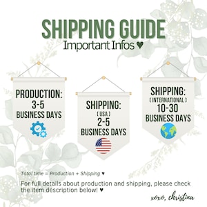 May include: A graphic with the text "SHIPPING GUIDE" and "Important Infos". It includes banners with information about production and shipping times, with a USA flag and a globe icon.