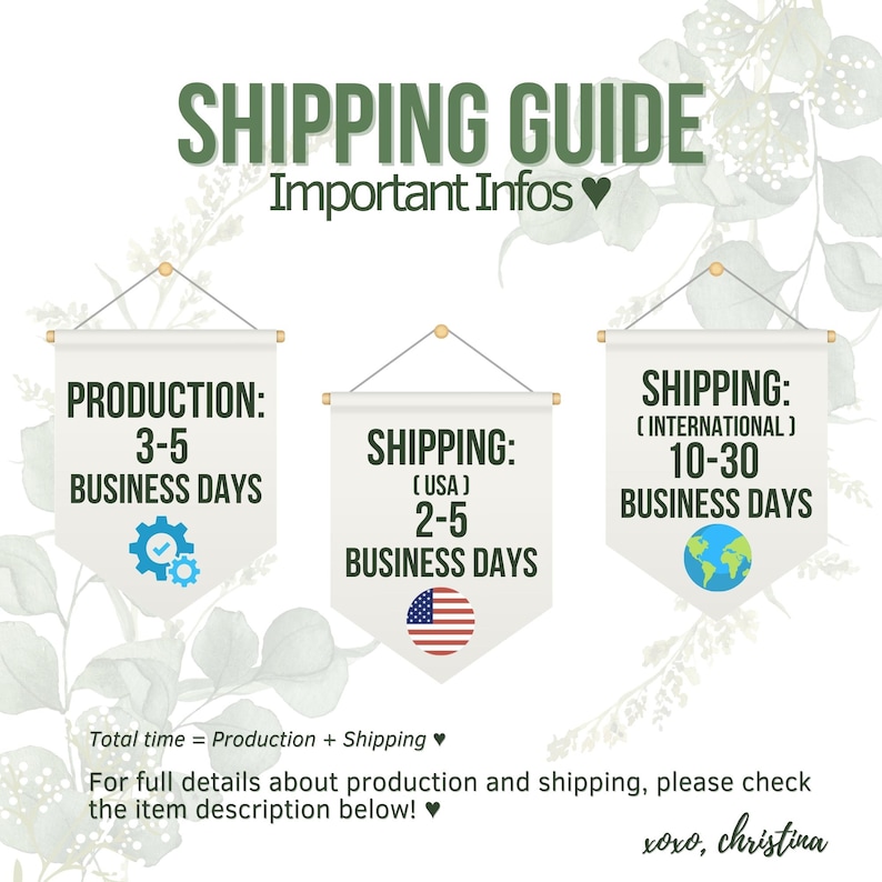 May include: A graphic with the text "SHIPPING GUIDE" and "Important Infos". It includes banners with information about production and shipping times, with a USA flag and a globe icon.