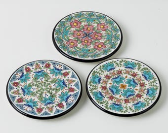 Handmade MG Ceramicas Spain Wall Plates, Floral Decor, Miniature Hand-painted Plaques, Set of 3
