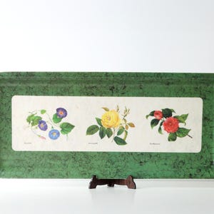 Vintage grön blommig bricka, botanisk serveringsbricka, retro köksinredning, lång rektangulär melaminbricka, Cottagecore heminredning