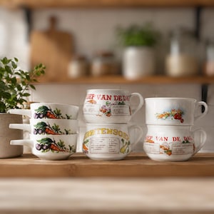 Vintage soepkom met handvat, diverse designs, retro keramische soepmok, landelijke keukendecoratie, soep van de dag, verzamelbare kopjes
