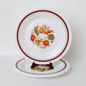 Vintage Arcopal France Milk Glass Plates - Set of 3, Harvest Vegetable Motif, Retro 1970s Farmhouse Dinnerware  7 3/8”