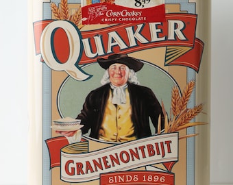 Large Vintage Rectangular Tin Box - Quaker Cereal Breakfast Tin - Kitchen Storage - Retro 90's Dutch Canister for Muesli