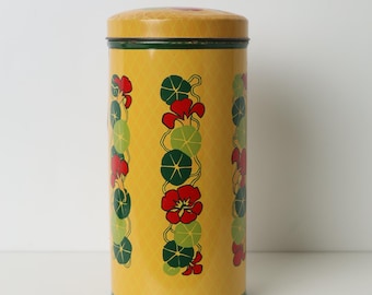 Lata vintage Zaandam Verkade, lata holandesa para galletas, diseño retro amarillo con flores de la India Oriental, decoración retro para el hogar.