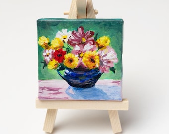 Mini Original Floral Painting, Tiny Flower Art on Easel, Small Acrylic Canvas, Cute Shelf Decor