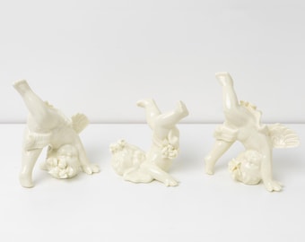 Vintage Set of 3 Figurines Porcelain Putti Angels Acrobatic Pose - Ivory White Ceramic Collectible