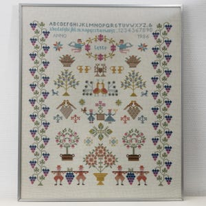 Vintage Cross Stitch Sampler, Finished Embroidery Art Wall, Textile 1980s